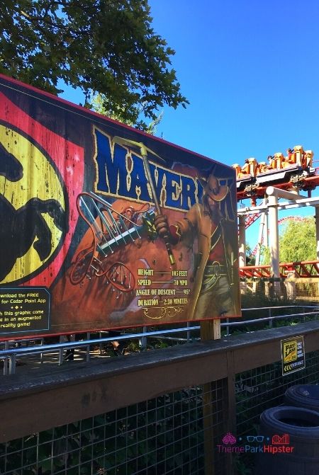 Large poster advertising the Maverick Roller Coaster at Cedar Point with ride stats, including the height, speed, angle of descent, and duration of the ride. Keep reading if you want to learn more about the history, theme, ride stats and fun facts about the Maverick at Cedar Point!