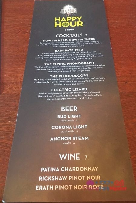 The Edison at Disney Springs Happy Hour Menu. Keep reading to get the best drinks at Disney Springs and the best adult beverages at Walt Disney World!
