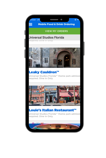 iphone with Universal Studios' Mobile Food and Drink Ordering App on the screen, highlighting the Leaky Cauldron and Louie's Italian Restaurant. Keep reading to to find out more Mistakes to Avoid at Universal Orlando Resort!