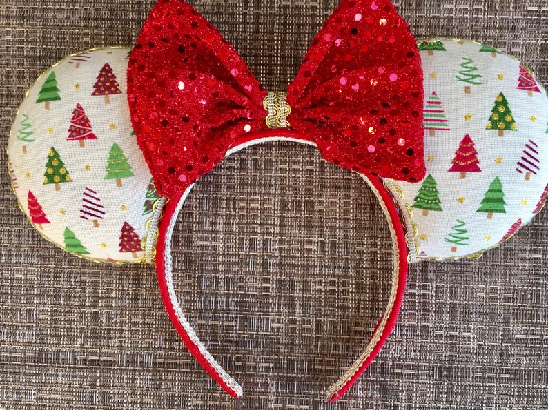 Etsy Disney Christmas Ears with Red and Green Christmas Trees. Keep reading for the best Disney Christmas Ears!