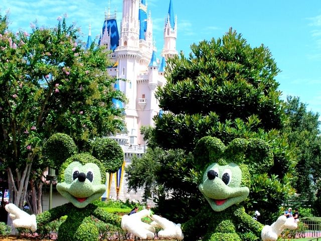 Minnie and Mickey Mouse Topiary in Front of Cinderella Castle