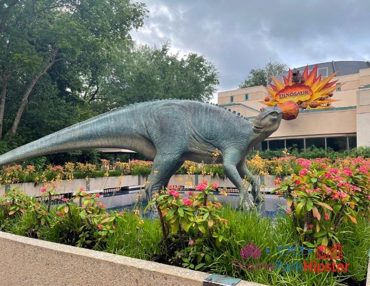 DINOSAUR Entrance with Dinosaur in the garden at Animal Kingdom. Keep reading to learn how to do Disney World on a Budget for a solo trip.