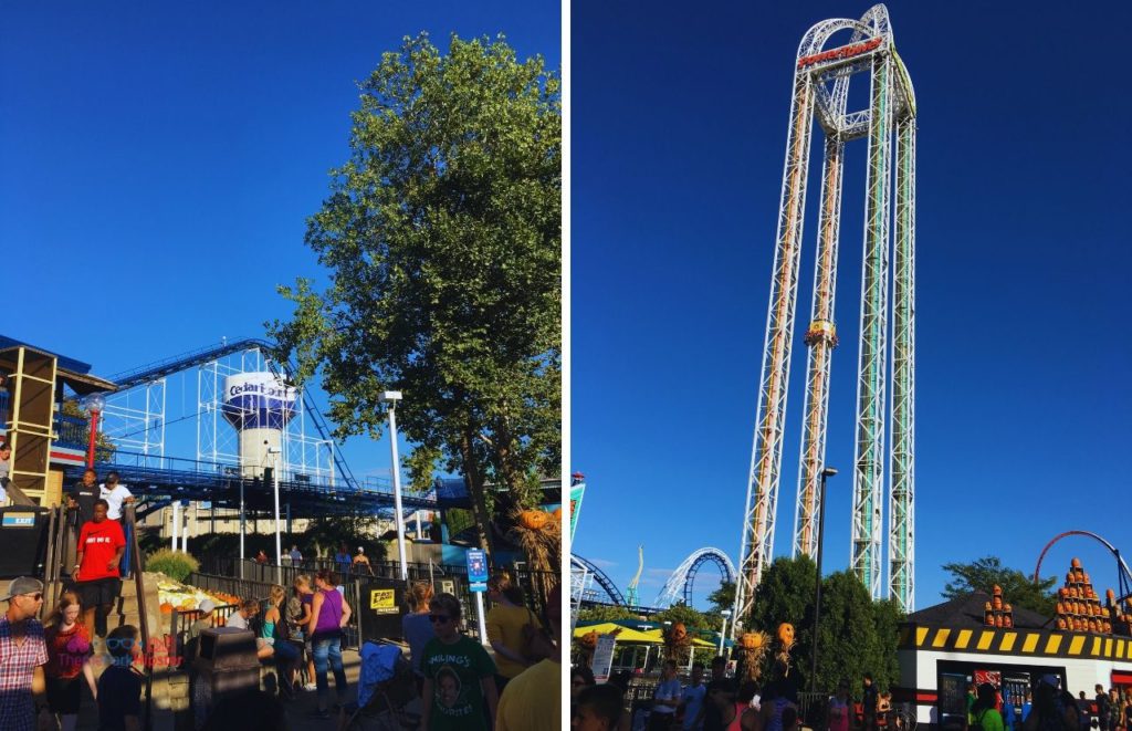 Cedar Point Water Tower with Corkscrew Roller Coaster and PowerTower. Avoid the Cedar Point wait times and crowds with the crowd calendar.