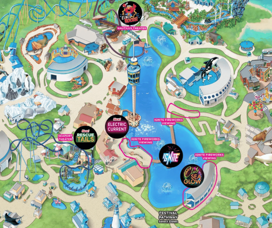 Electric Ocean Map and Best Fireworks Viewing Area from SeaWorld Orlando. Keep reading to see what you can do for the 4th of July in Orlando on Independence Day.