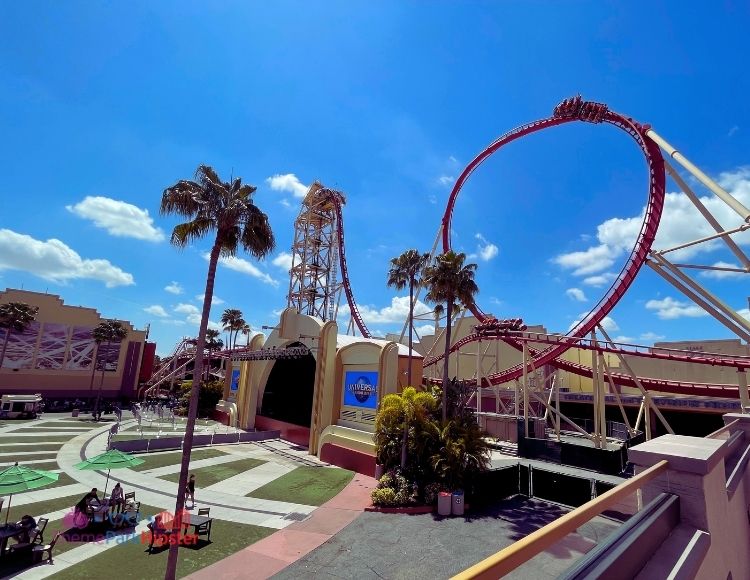 Hollywood Rip Ride Rockit Overlooking Plaza at Universal Studios. Which is better Universal Studios vs Islands of Adventure? Keep reading to find out.