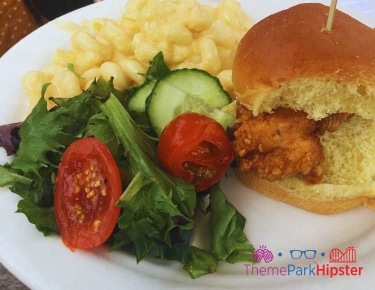 Homecomin Disney Springs Kids meal chicken sandwich with mac and cheese and salad