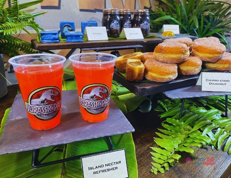 Island Nectar Refresher and Churro Stand Doughnut at Universal Jurassic Park Food. Keep reading to get the best Jurassic World Velocicoaster photos.
