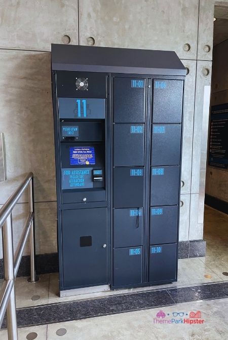 Lockers next to Velocicoaster boarding station in Universal Islands of Adventure. Keep reading to get the best Jurassic World Velocicoaster photos.