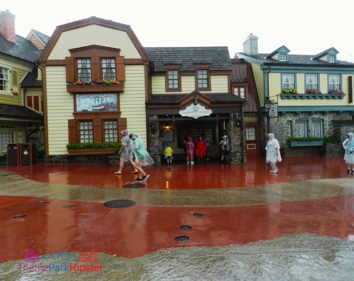 Rainy day in Liberty Square Shops At Magic Kingdom Orlando Florida. Keep reading to know what to pack and what to wear to Disney World in March.
