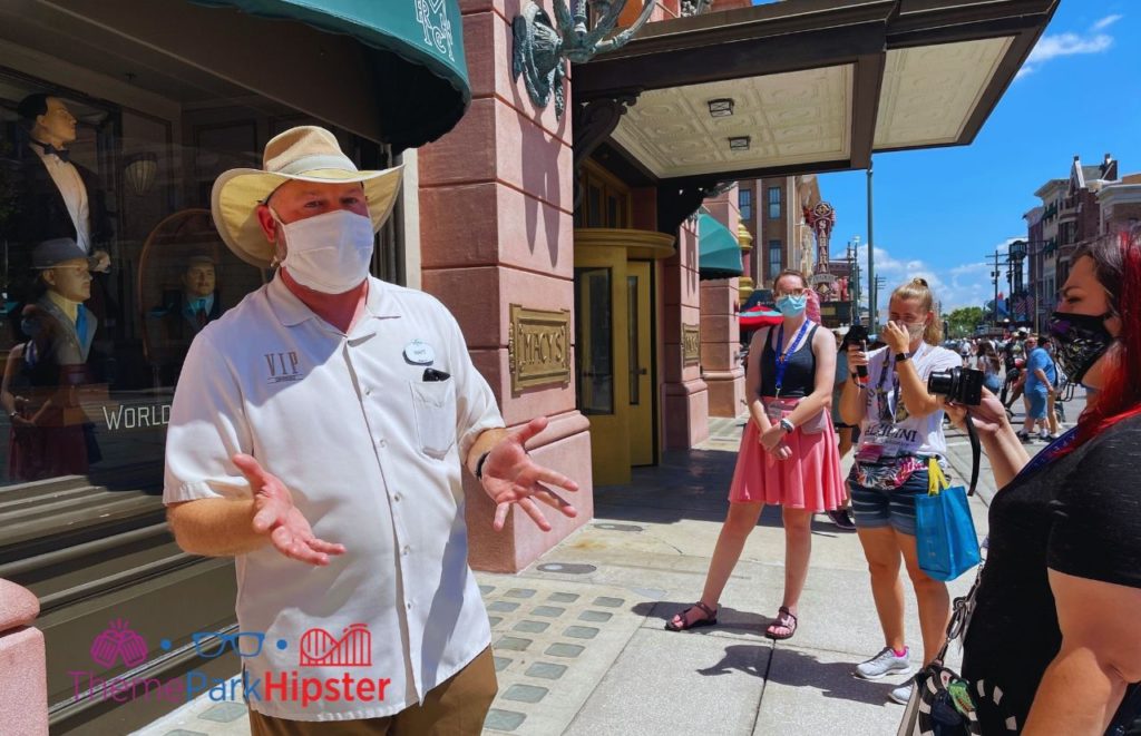 VIP Tour Guide at Universal Studios Florida with mask preventing Covid 19
