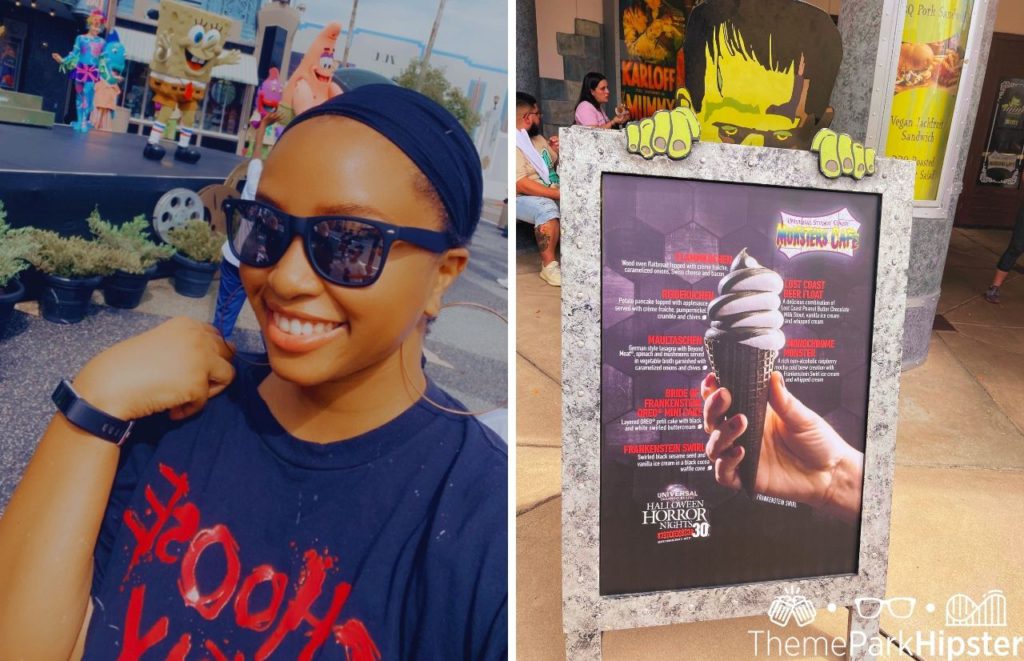 NikkyJ at HHN 30 in front of Spongebob and Patrick Universal Orlando Halloween Horror Nights with sunglasses and comfortable black Halloween t-shirt. Keep reading to discover what to wear to Halloween Horror Nights.