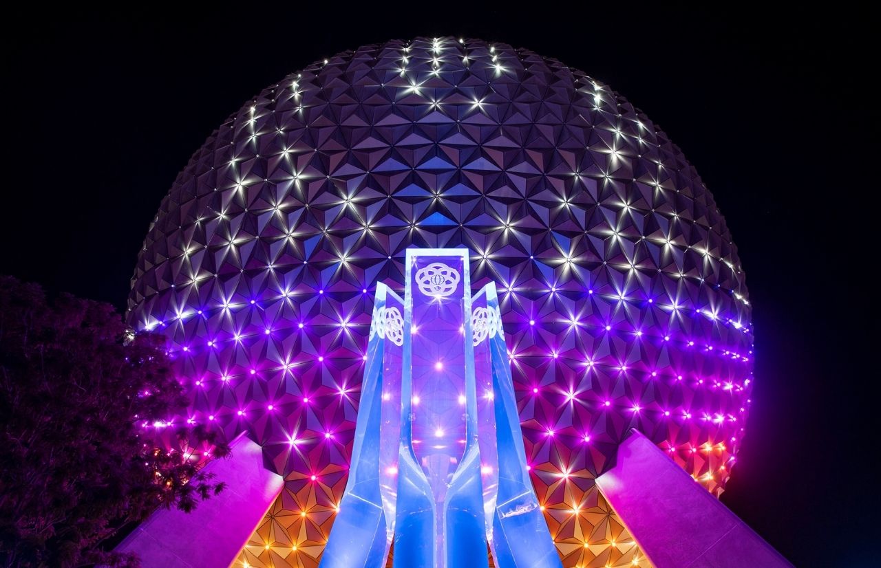 Spaceship Earth Beacon of Magic at night at Walt Disney World Resort in Lake Buena Vista, Fla. Photographer Todd Anderson