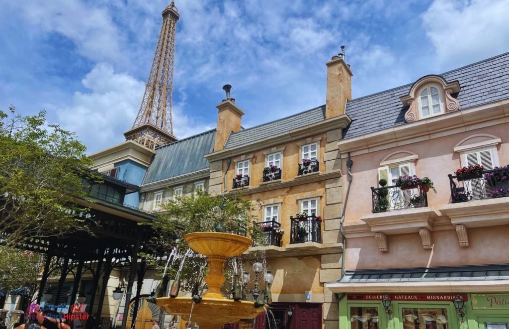Eiffel Tower from Remy area of Epcot France Pavilion. One of the best Disney World date night ideas for couples.
