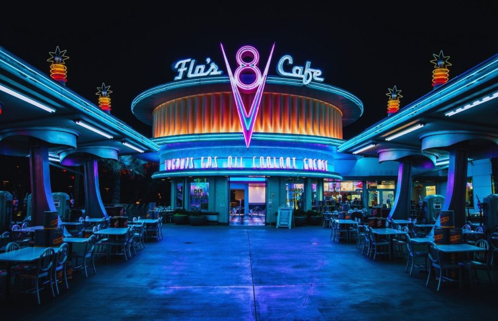 Flo's V8 Cafe Disney California Adventure Entrance Nighttime. One of the best places to eat in Disneyland Resort.