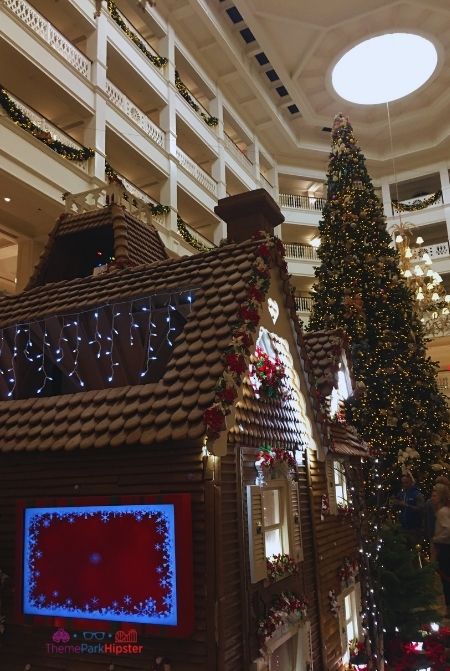 Disney Grand Floridian Gingerbread house with Christmas Tree in background. Keep reading to learn about the Disney World Gingerbread house display on Theme Park Hipster!