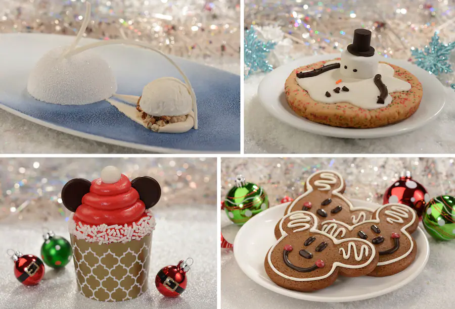 Hollywood Brown Derby PizzeRizzo Rosie's All American Cafe Holiday Treats at Hollywood Studios, Melted Snowman Sugar Cookie, Santa Mickey Mouse Cupcake, Mickey Mouse Gingerbread Cookie and Winter Signature Dessert.