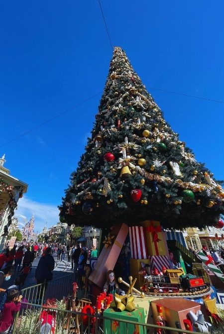 Magic Kingdom Christmas Tree with Cinderella Castle in Background. Keep reading to get the best Disney Christmas pictures and to know where to take the best Christmas photos at Disney World!