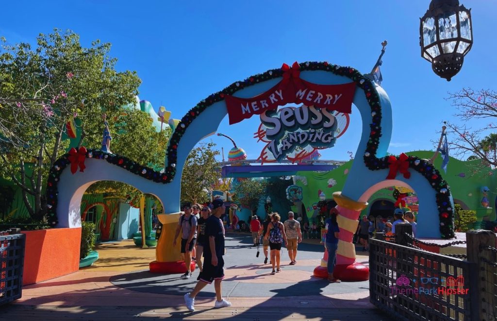 Merry Merry Seuss Landing Entrance at Islands of Adventure. Keep reading to get the full guide to Christmas at Universal Orlando Resort!