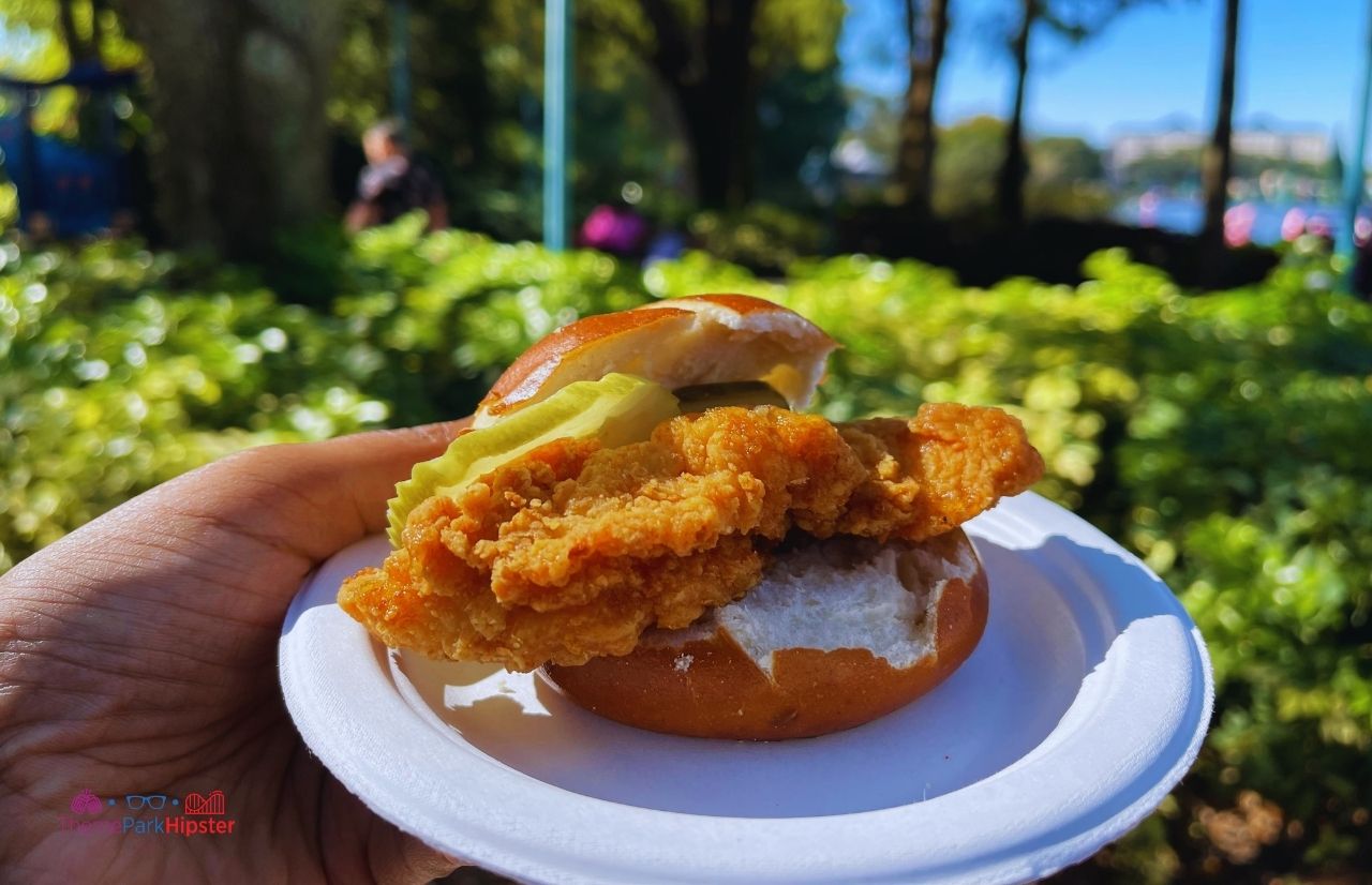 SeaWorld Christmas Celebration Hot Fried Chicken Sandwich. One of the best things to eat at the SeaWorld Orlando restaurants.