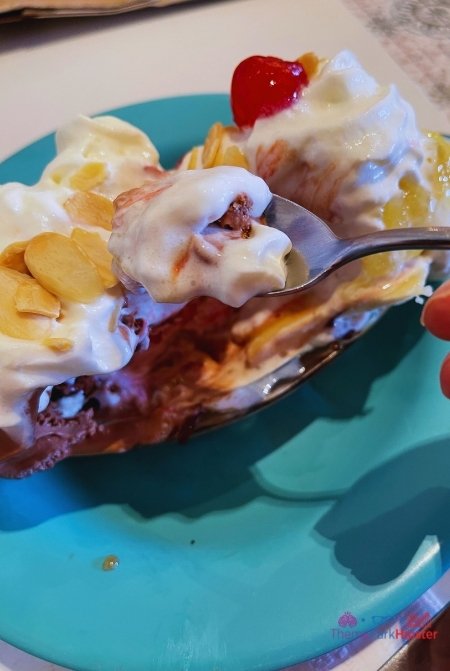 Disney Beach Club Resort Hotel Banana Split with Chocolate Strawberry and Vanilla Ice Cream topped with almonds whipped cream and cherries