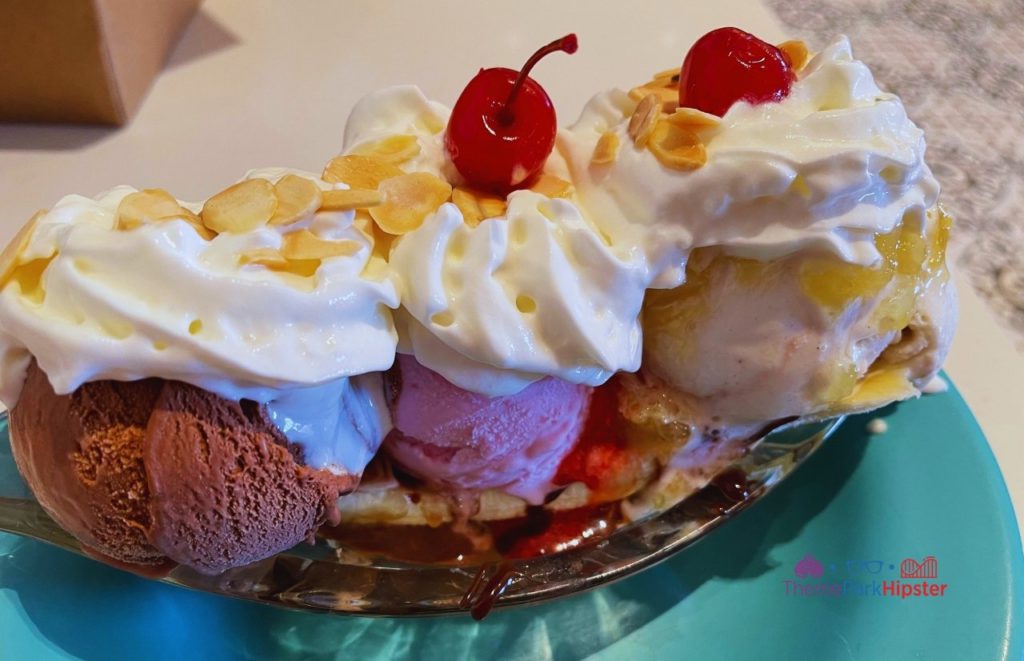 Disney Banana Split with Chocolate Strawberry and Vanilla Ice Cream at The Plaza. One of the best restaurants at Magic Kingdom.