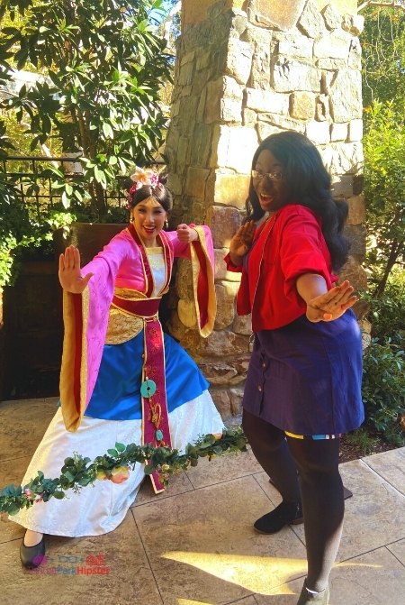 Disney Princess Adventures Breakfast at Disneyland meeting Mulan in Napa Rose. Keep reading to learn what to wear to Disneyland in February and what to pack for your Disney trip!