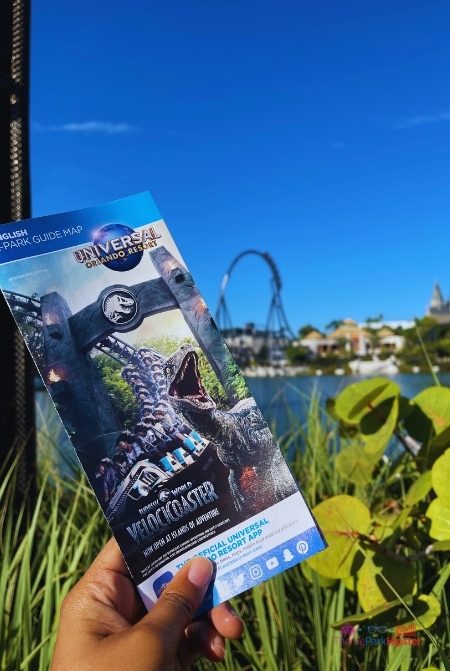 Islands of Adventure Park Map overlooking lagoon with Velocicoaster