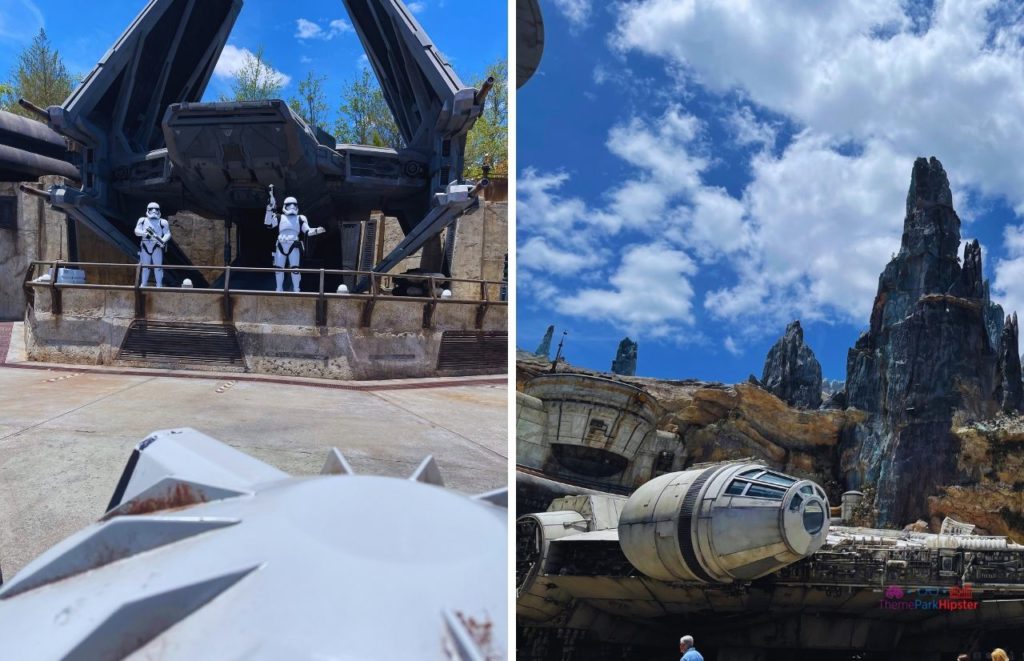 Disney Hollywood Studios Star Wars Land with Stormtrooper and Millennium Falcon. Keep reading to find out what best drinks at Oga's Cantina are in Disney World Hollywood Studios and Disneyland.