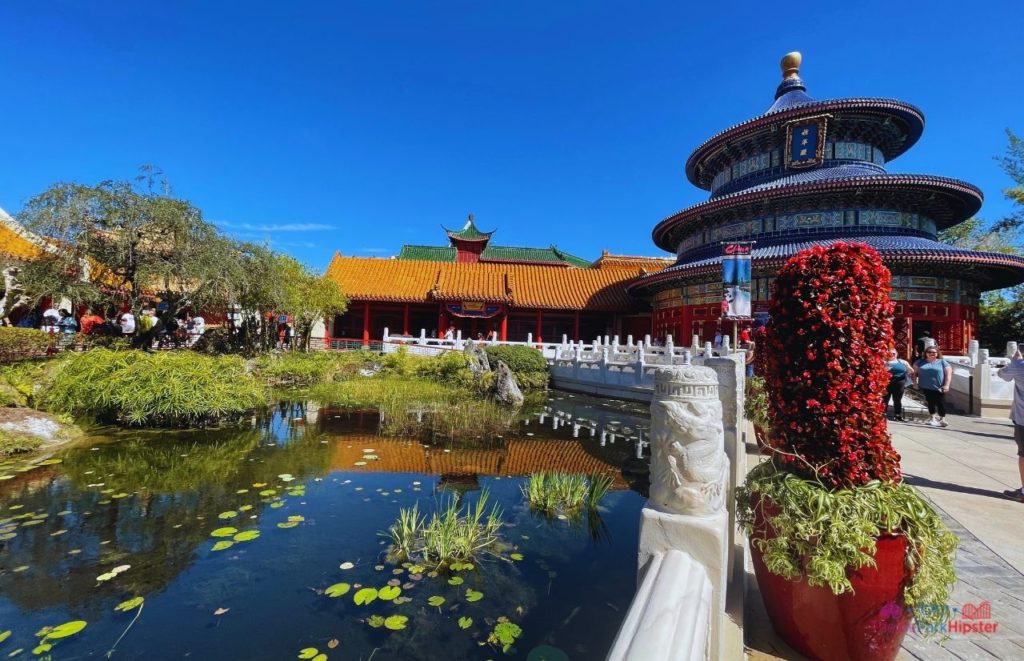 Epcot China Pavilion Chinese Temple overlooking pond