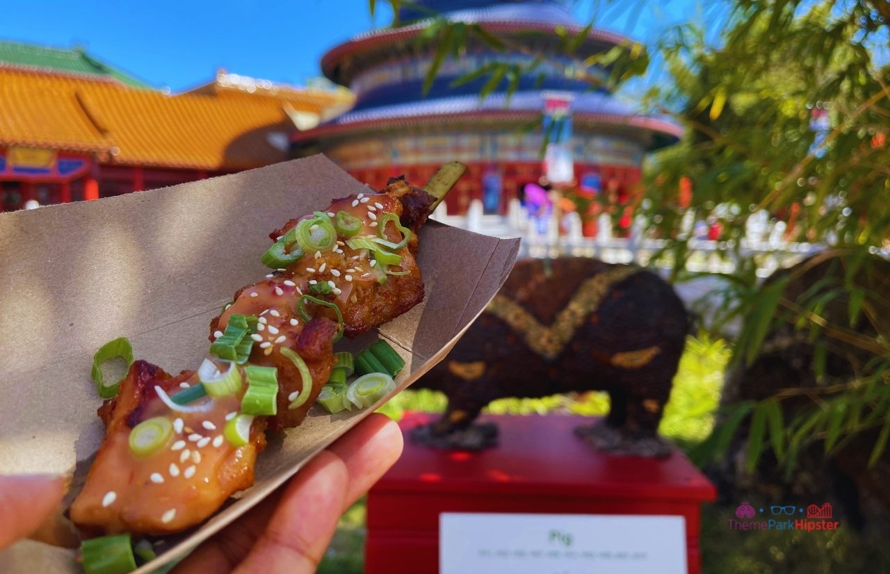 Epcot China Pavilion Flower and Garden Festival Chicken Skewer. Keep reading to get the best things to do at Epcot Flower and Garden Festival.