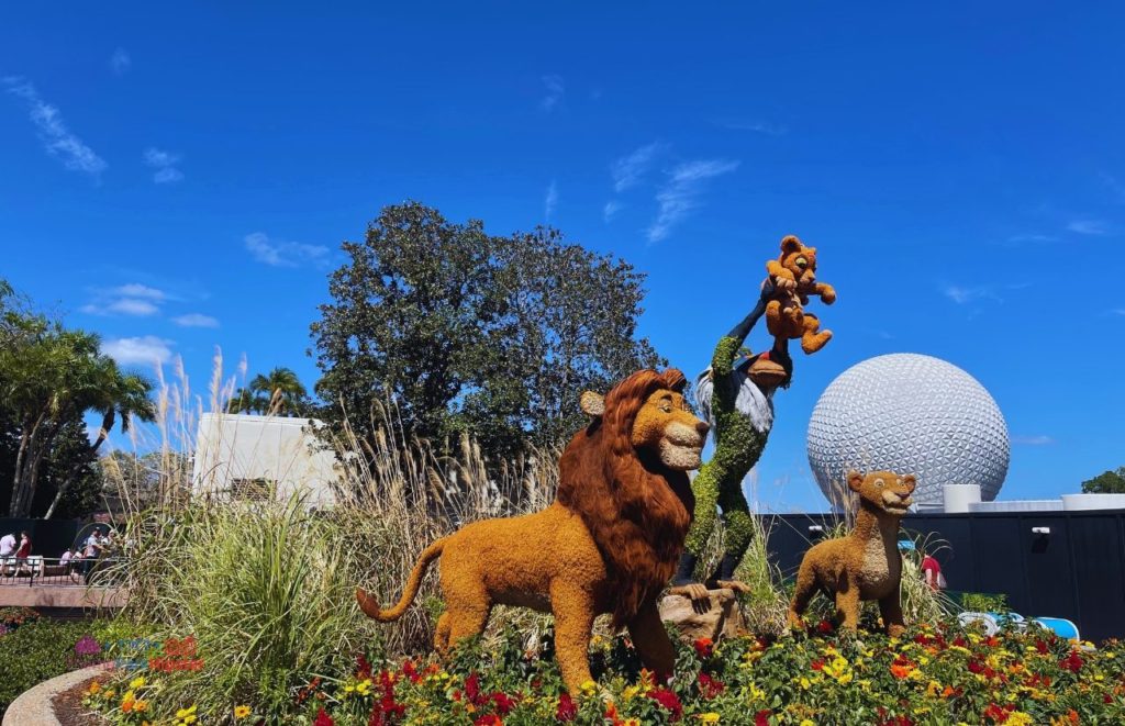Epcot Flower and Garden Festival Lion King Topiary with Spaceship Earth in the Background. Keep reading to see the best epcot flower and garden topiaries through the years!