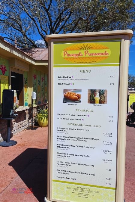 Epcot Flower and Garden Festival Pineapple Promenade Booth Menu Spicy Hot Dog and Dole Whip