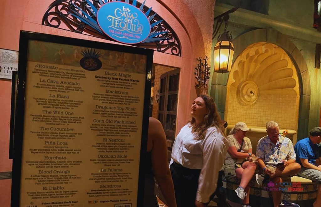 Epcot Mexico Pavilion entrance to La Cava del Tequila With Menu. Keep reading to get the best things to do at Epcot Flower and Garden Festival.