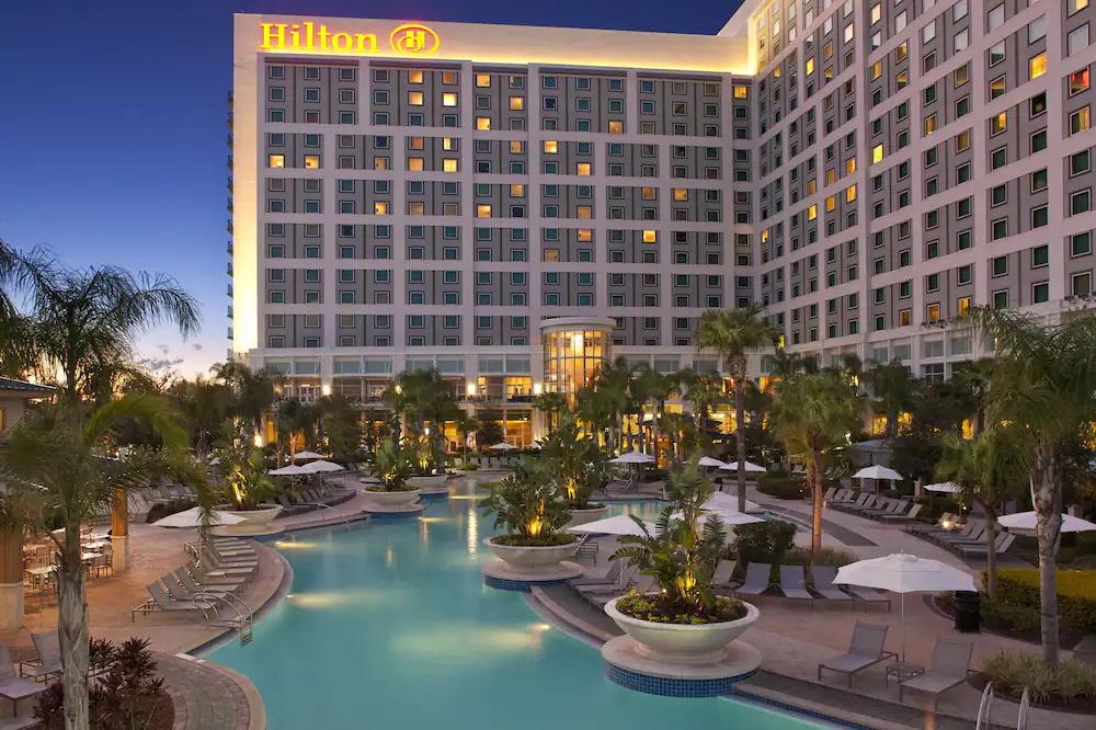 Hilton Orlando Pool Area. One of the Best hotels near SeaWorld Orlando.