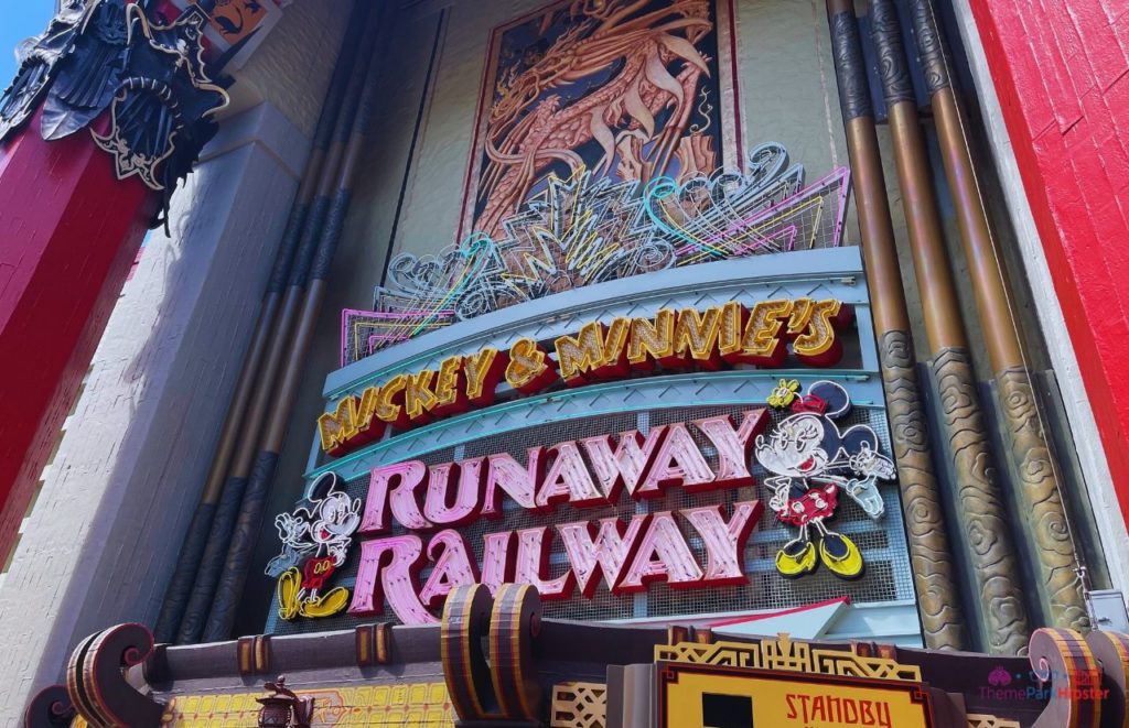 Mickey and Minnie’s Runaway Railway Entrance with colorful marque
