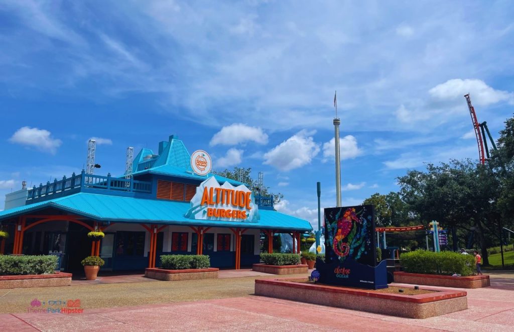 SeaWorld Orlando Altitude Burgers Entrance with Skyride Electric Ocean Sign