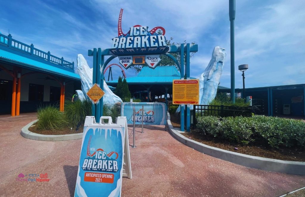 SeaWorld Orlando Icebreaker roller coaster entrance. Keep reading to learn how to have a Solo Trip to SeaWorld and how to travel alone with anxiety.