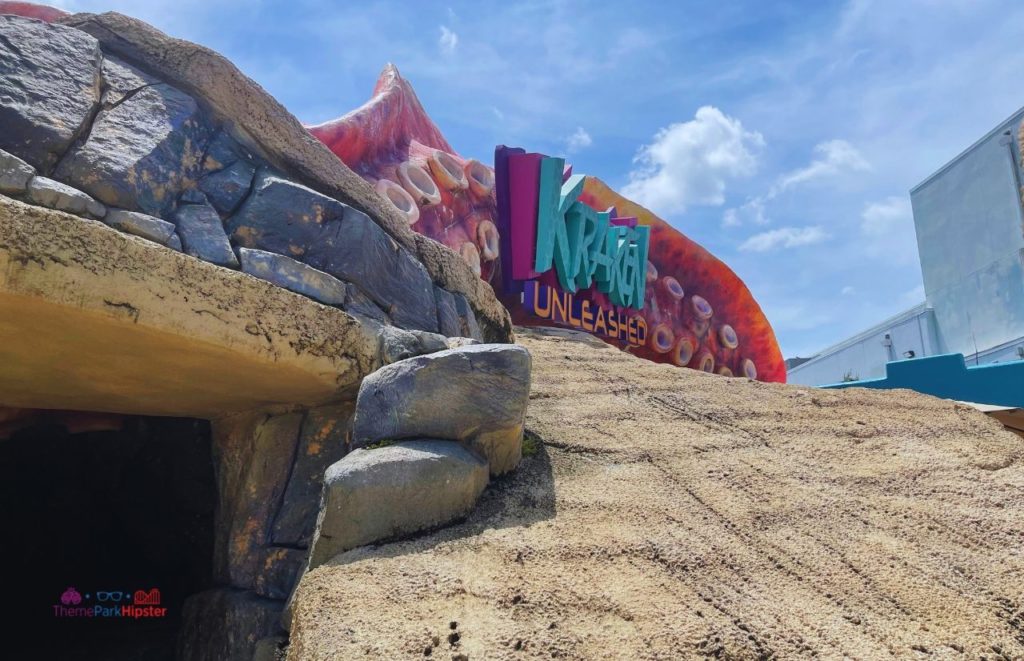 SeaWorld Orlando Kraken rollercoaster entrance next to rocks