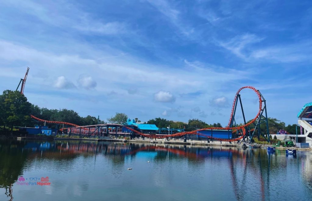 SeaWorld Orlando Lagoon overlooking Ice Breaker Roller Coaster. Keep reading to get the full list of the best roller coasters ranked at SeaWorld Orlando.