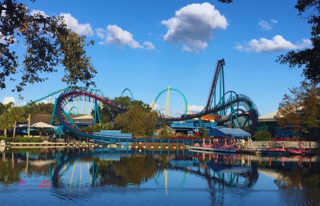 SeaWorld Orlando Lagoon overlooking Mako and Kraken. Keep reading to learn about the SeaWorld height requirements 2024.