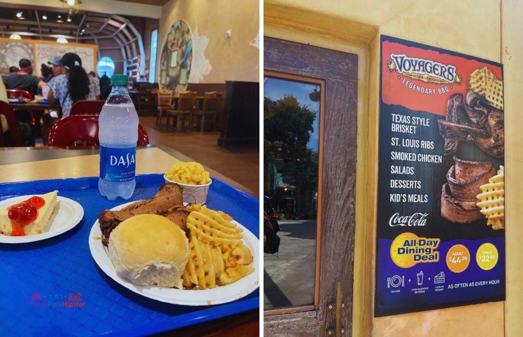SeaWorld Orlando Voyager Smokehouse Texas STyle Brisket with Fries Mac and Cheese Water and Cheesecake all day dining. Keep reading for the best things to do at SeaWorld.