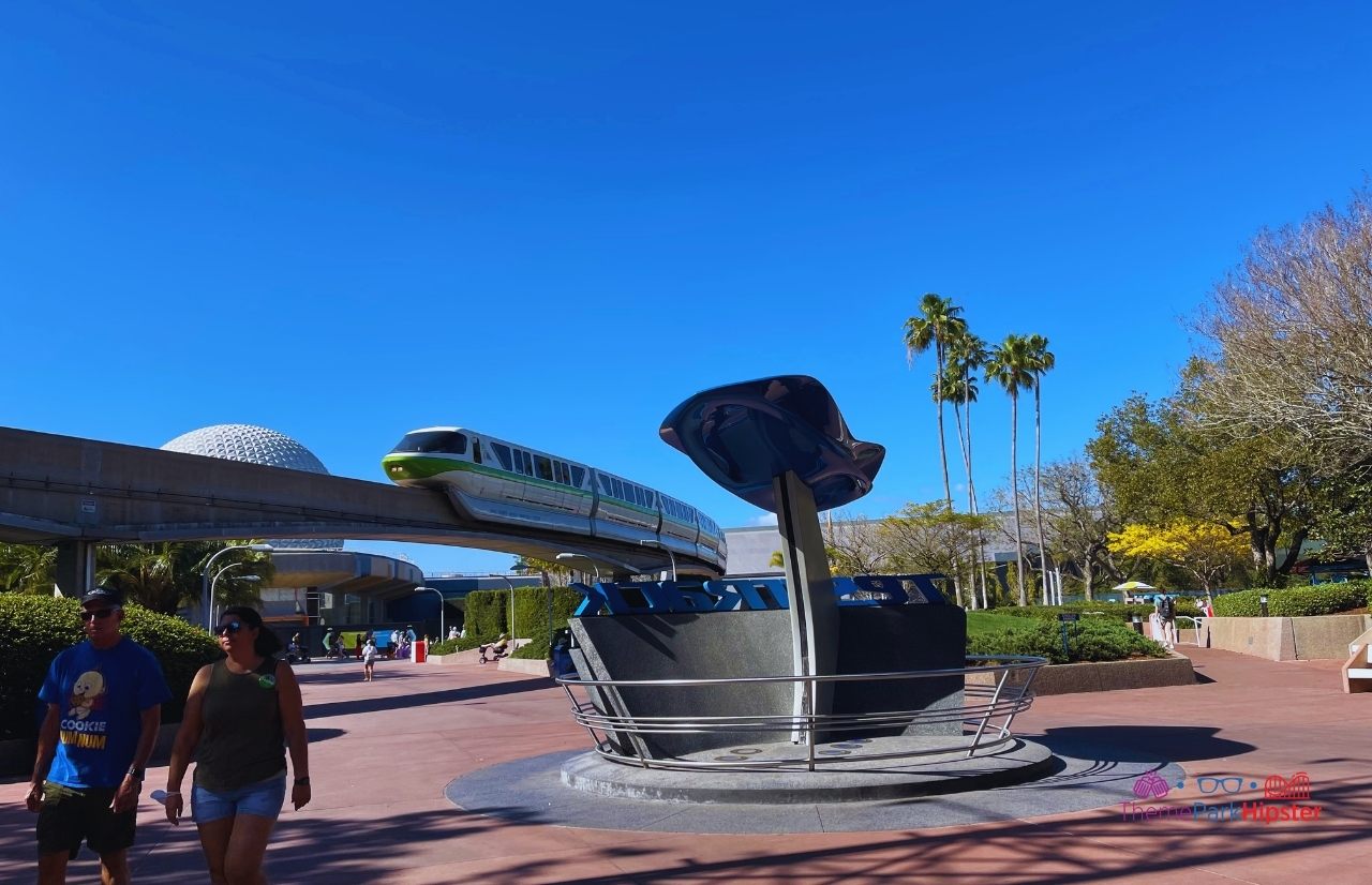 Test Track Epcot Entrance area with monorail and Spaceship Earth one of the best rides at epcot for genie plus and lightning lane
