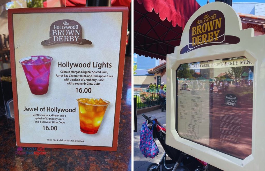 The Hollywood Brown Derby Lounge in Hollywood Studios Hollywood Lights Drink and Jewel of Hollywood Drink with Menu
