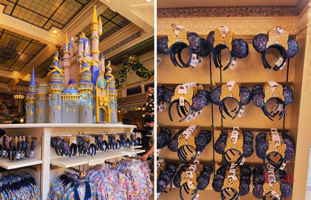Disney Magic Kingdom 50th Anniversary Merchandise with sequenced blue and gold Minnie Ears. Keep reading to get the best Disney World souvenirs to buy for your trip!