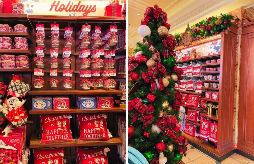 Disney Magic Kingdom Christmas Merchandise with pillows. Keep reading to get the best things to do at the Magic Kingdom for Christmas and a full guide to Mickey's Very Merry Christmas Party Tips!
