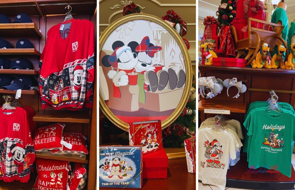 Disney Magic Kingdom Christmas Merchandise with spirit jersey. Keep reading to know what to pack and what to wear to Disney World in December for your packing list with these Disney Christmas Outfit ideas.