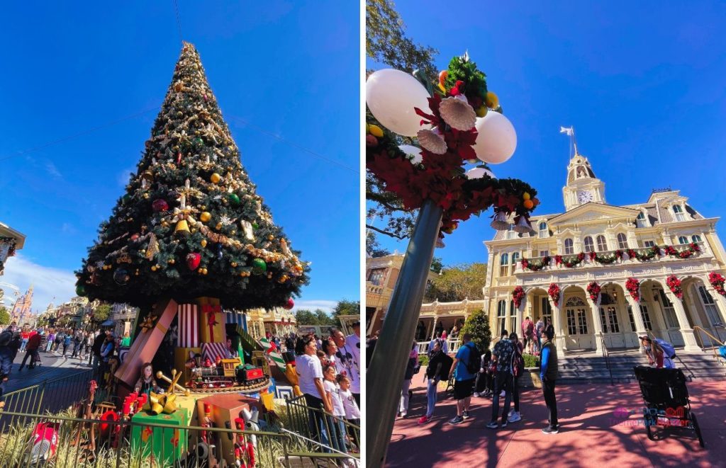 Disney Magic Kingdom Christmas Tree on Main Street USA next to City Hall. Keep reading to get the best things to do at the Magic Kingdom for Christmas and a full guide to 2023 Mickey's Very Merry Christmas Party Tips!