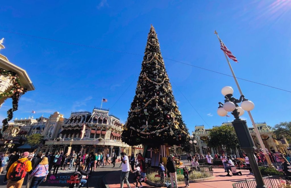 Disney Magic Kingdom Christmas tree in the Florida sun. Keep reading to get the best Disney Christmas Stockings.