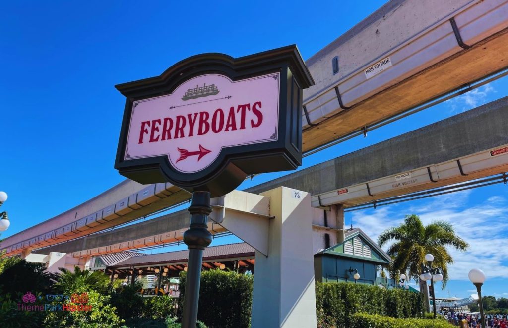 Disney Magic Kingdom Ferryboats sign.Keep reading to learn more about the best place to watch Magic Kingdom fireworks. 