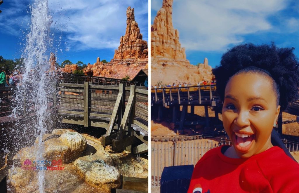 Disney Magic Kingdom NikkyJ in front of Big Thunder Mountain Railroad. Keep reading to learn how to do Thanksgiving Day at Disney World.